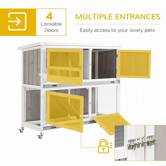 Elevated Wooden Rabbit Hutch with Rain Cover - 2-Tier Guinea Pig and Bunny Cage with Multiple Doors, Slide-Out Tray, Wheels - Ideal for Small Pet Safety and Comfort