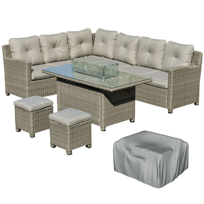 Outdoor Rattan 8-Person Seating Group - L-Shaped Sofa Set with Fire Pit Table & Olefin Cushions - Includes Footstool & Protective Cover for Patio Gatherings