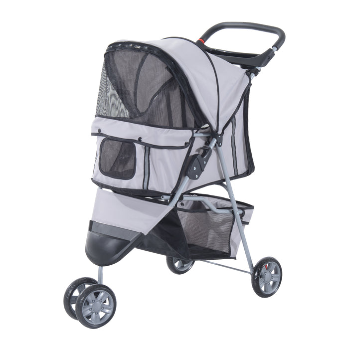 Pet Travel Stroller for Dogs and Cats - Three-Wheeled Pushchair Trolley in Grey - Ideal for Puppy Jogging and Carrier Convenience