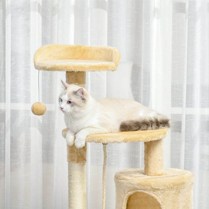 Cat Tree Tower - 114cm Tall Beige Cozy Condo for Cats with Scratching Posts - Ideal for Climbing & Lounging Pets