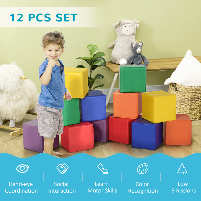 12-Piece Kids' Soft PU Play Blocks - Multicolored Building & Stacking Set - Safe, Durable Toys for Toddlers and Babies