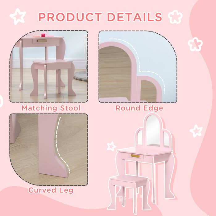 Kids Vanity Set with Stool and Mirror - Dressing Table with Drawer, Girls' Pink Makeup Desk - Perfect for 3-6 Year Old Children's Playtime and Creativity