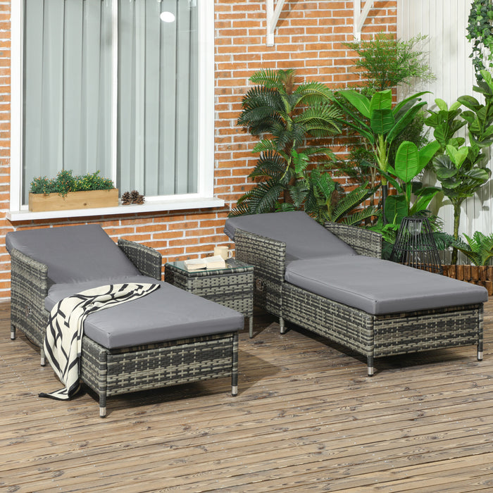 Rattan Sun Lounger Set with Adjustable Backrest - Patio Chaise Lounge Chair & Glass Top Table with Soft Grey Cushions - Ideal for Deck, Poolside Relaxation