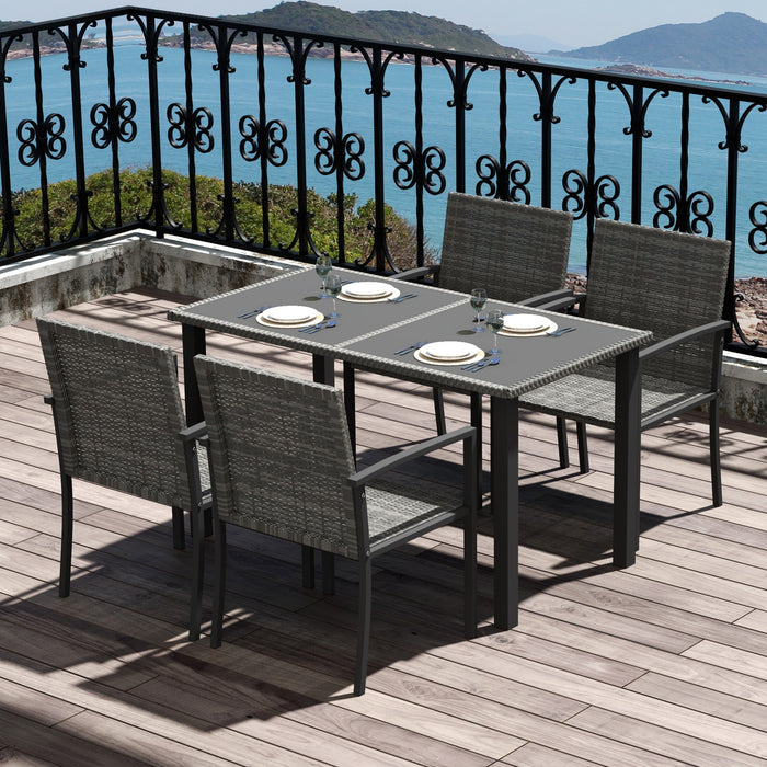 5-Piece Patio Dining Set with Tempered Glass Tabletop - Outdoor Conservatory Furniture, 4 Grey Chairs - Ideal for Al Fresco Meals & Gatherings