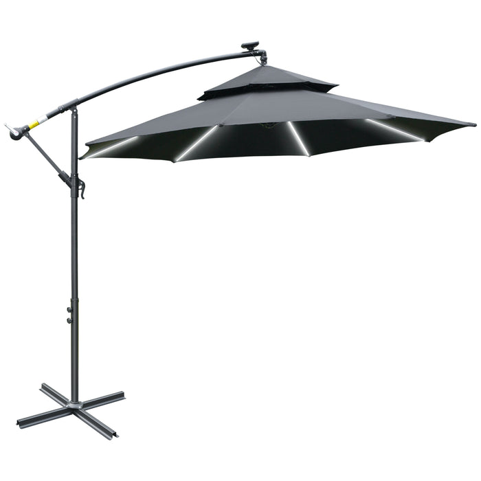 Cantilever Banana Parasol with Solar LED Lights - Double Roof Hanging Umbrella, Crank Operation, 8 Ribs, Cross Base - Ideal for Outdoor Relaxation and Night Use