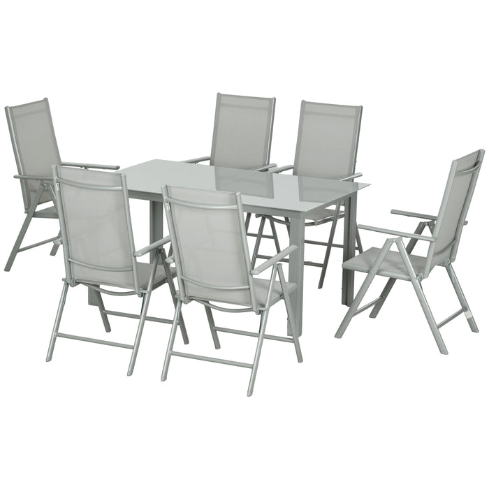 7 Piece Garden Dining Set - Aluminium Outdoor Table with Tempered Glass Top & 6 Foldable, Reclining Texteline Chairs - Perfect for Patio Entertainment and Relaxation