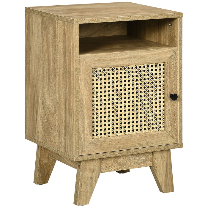 Rattan-Inspired Bedside Table - Compact Side End Table with Storage Shelf and Cupboard - Space-Saving Design for Bedroom Comfort