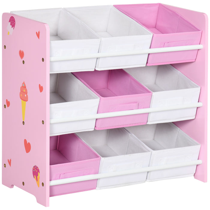 9-Bin Kids Storage Organizer - Removable Baskets Toy Box with Bookshelf - Nursery & Playroom Clutter Solution in Pink