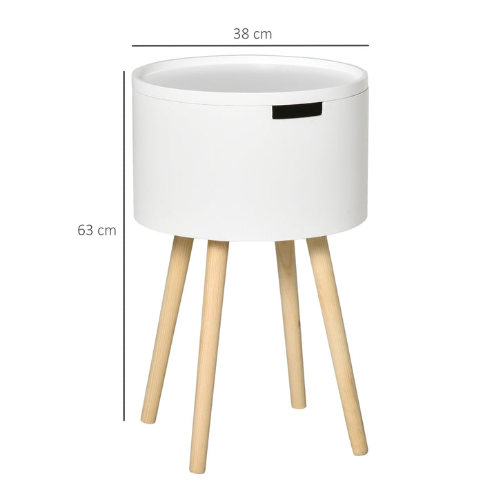 Round Modern Side Table with Removable Tray and Hidden Storage - Elegant Wood Frame Nightstand in White - Functional End Coffee Table for Living Spaces