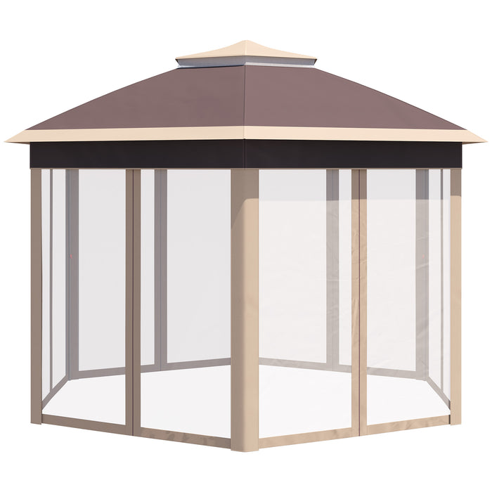 Hexagon Instant Pop-Up Gazebo - Double Roof Outdoor Patio Shelter with Netting, 3x4m, Khaki - Ideal for Garden Parties and Events