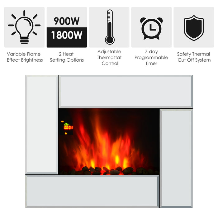 1800W Electric Fireplace Heater - Wall Mountable with 7-Color LED Lights and Glass Screen - Cozy Ambiance with Pebble Effect and Remote Control for Home Comfort