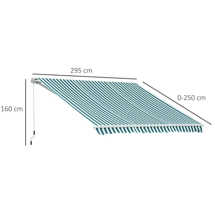 3M x 2.5M Manual Retractable Awning - Garden Patio Sun Shade Shelter with Winding Handle, Green/White - Ideal for Outdoor Relaxation and Protection