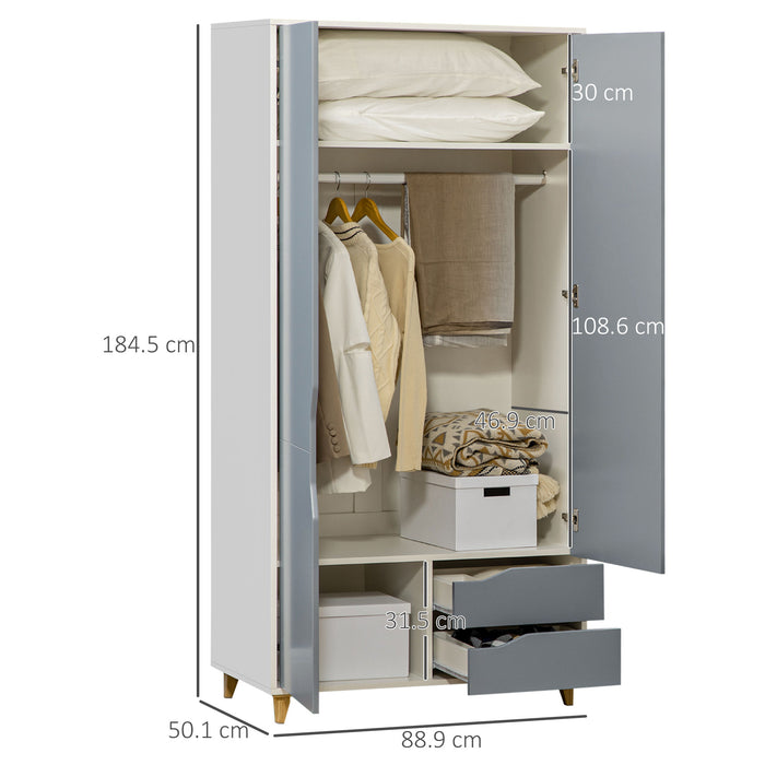 Bedroom Wardrobe Organizer with Hanging Rail - Spacious Grey Clothes Storage Unit with 2 Doors, 2 Drawers, and Shelves - Ideal for Decluttering and Organizing Apparel (89x50x185cm)