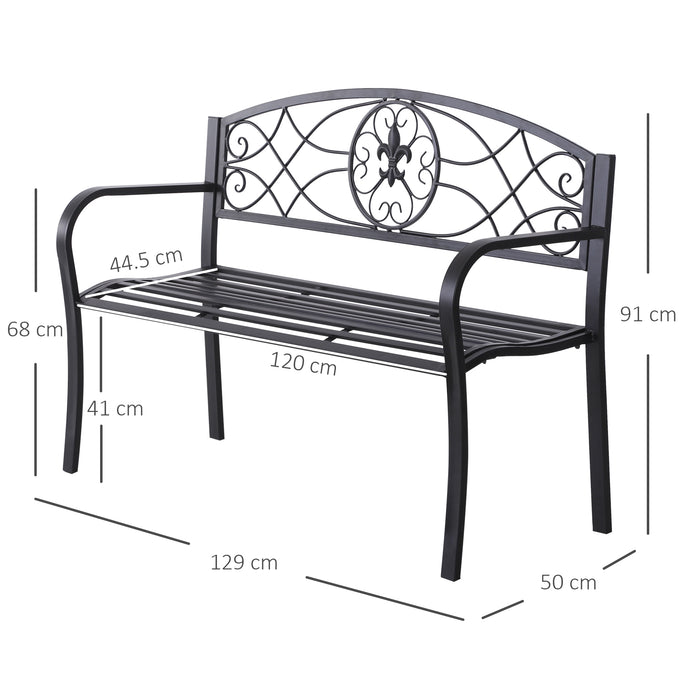 Outdoor Patio Loveseat Bench - 2-Seater Metal Garden Furniture, Black Porch Park Chair - Ideal for Yard and Outdoor Seating 129L x 91H x 50W cm