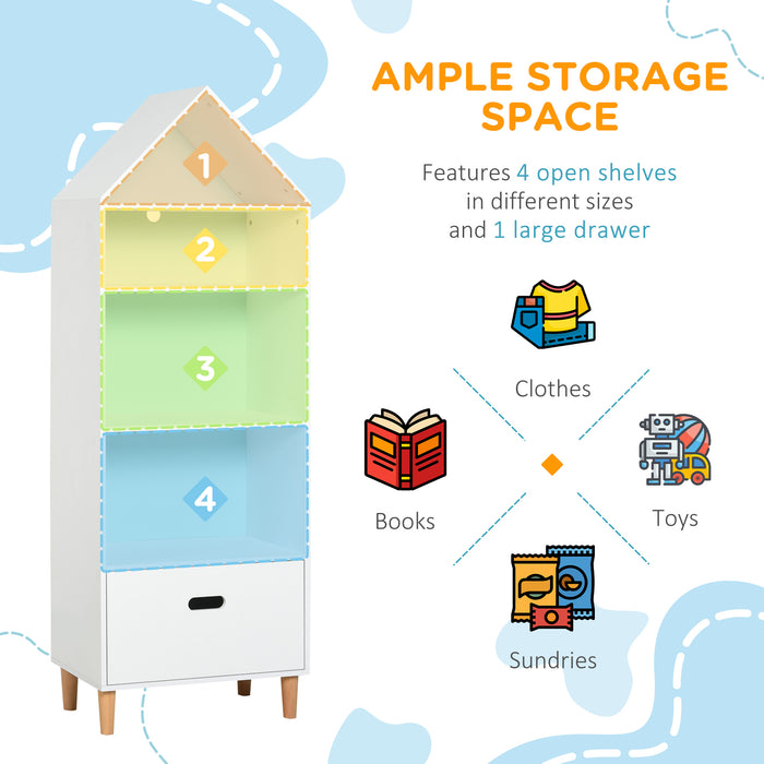 Kids MDF 5-Tier Bookshelf with Drawer - Space-Saving White & Blue Design for Children's Books and Toys Storage - Perfect for Playroom and Bedroom Organization