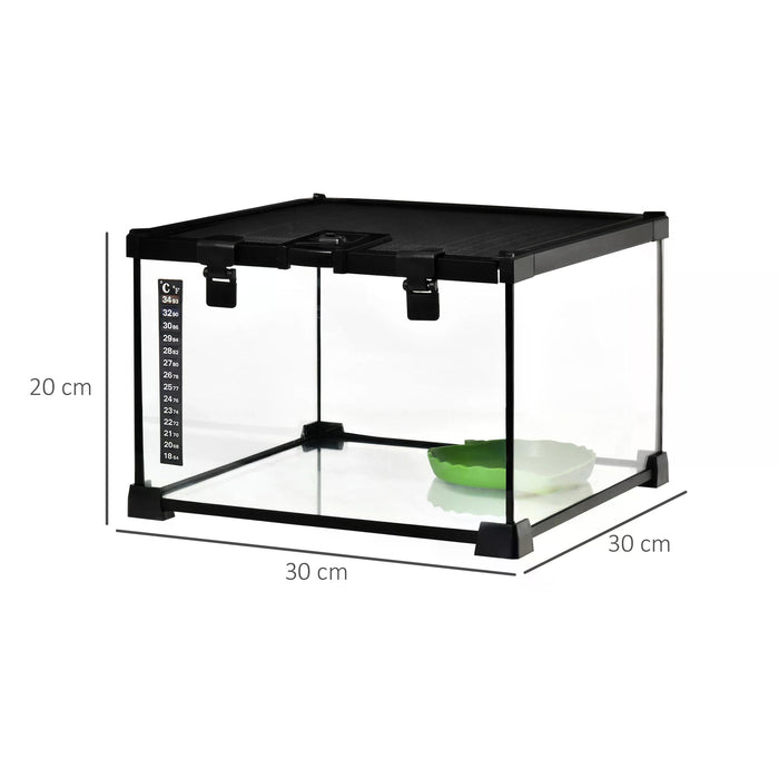 Reptile Glass Terrarium 30x30x20cm - Climbing Pet Breeding Tank with Arboreal Box Design - Includes Strip Patch Thermometer for Heat Monitoring