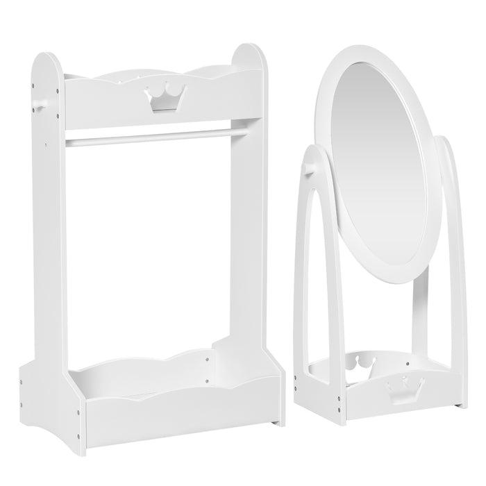 Kids Clothes Rail with 360° Rotating Full-Length Mirror - Free Standing Dress-Up Station with Hanging Rack and Storage Shelves - Perfect for Playrooms and Bedrooms