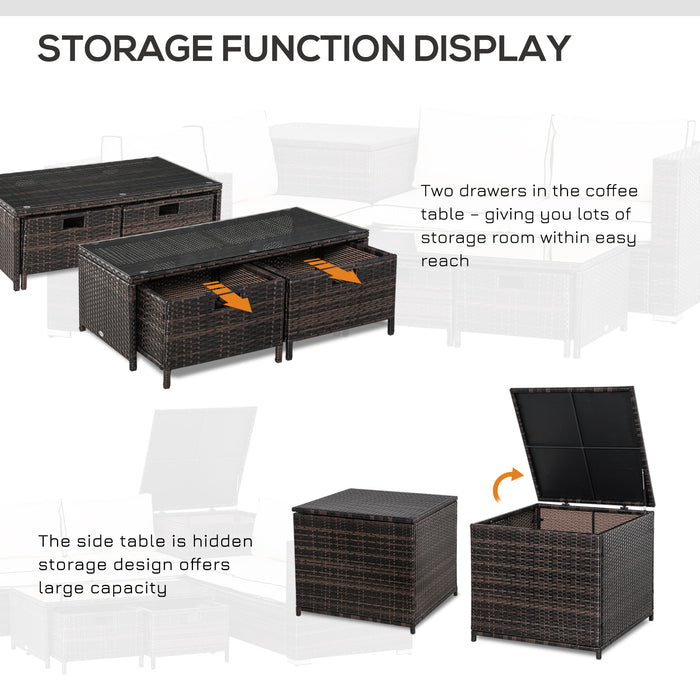 4-Seater Rattan Garden Furniture Set - Patio Corner Sofa with Storage & Coffee Table with 2 Drawers - Weather-Resilient Outdoor Seating for Family and Entertaining