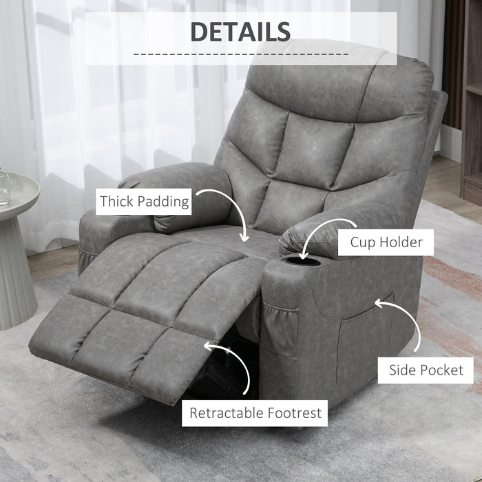 Manual Reclining Armchair with Footrest and Cup Holders - Faux Leather Comfortable Lounger - Ideal for Relaxation and Home Theater Seating, Grey, 86x93x102 cm