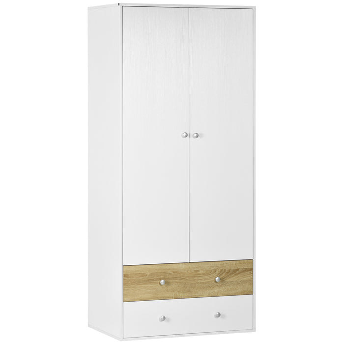 Spacious 2-Door White Wardrobe - Integrated Drawers & Hanging Rod for Clothing - Ideal Bedroom Storage Solution for Clothes Organization