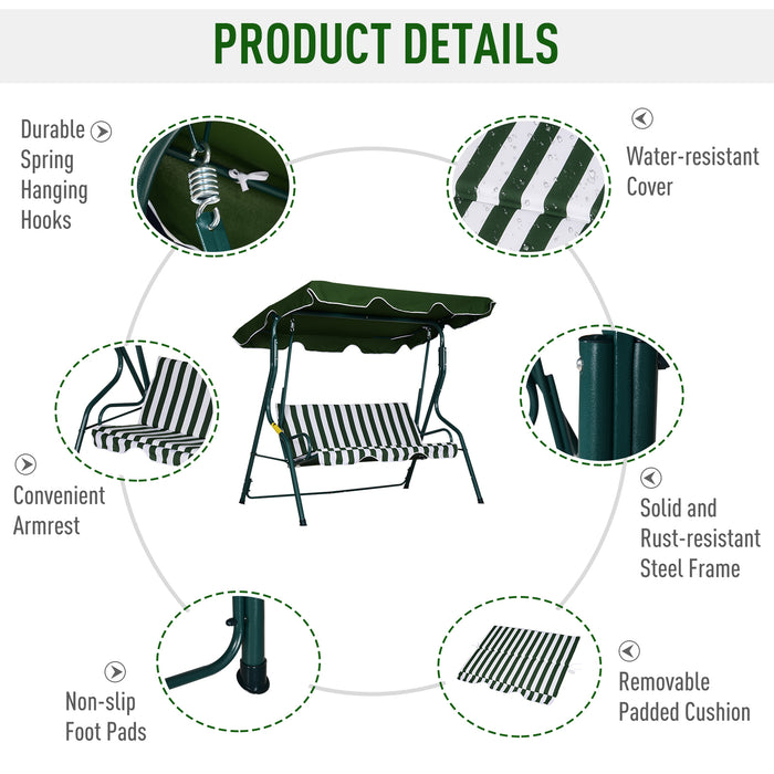 Steel 3-Seater Garden Swing Chair with Green Canopy - Outdoor Patio Furniture with Weather-Resistant Design - Ideal for Deck, Backyard, or Patio Relaxation