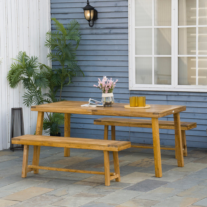 Outdoor Acacia Wood Dining Ensemble - 3-Piece Garden Set with 4-Seater Table and Matching Loveseats, Natural Finish - Perfect for Patio and Garden Entertaining