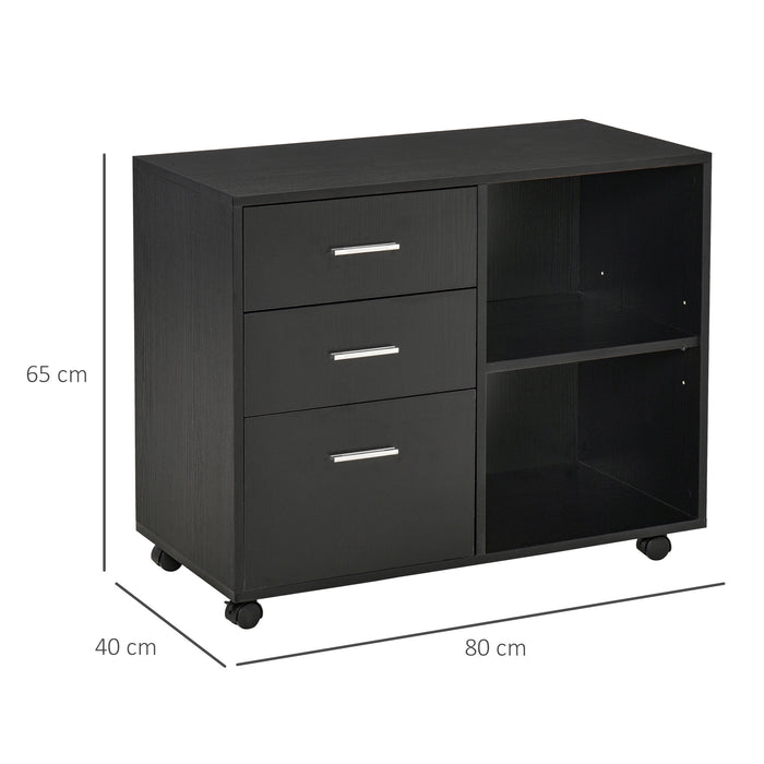 Mobile Office Printer Stand with Wheels - Freestanding 3-Drawer & 2-Shelf Storage Unit, Modern Design, 80x40x65cm - Ideal for Workspace Organization and Convenience in Black