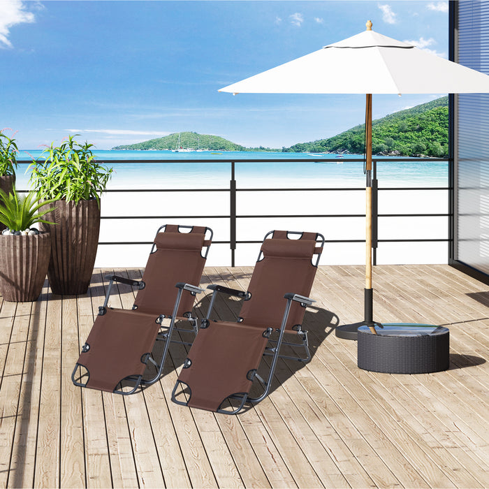 Foldable Sun Loungers Set of 2 with Adjustable Back - Reclining Garden Chairs with Pillow and Armrests, Brown - Ideal for Patio Relaxation and Comfort