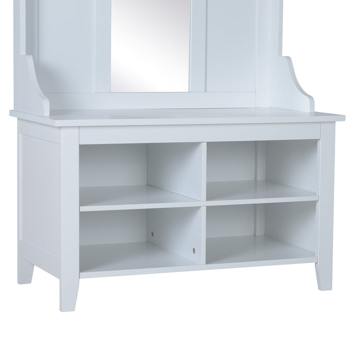 Shoe Bench and Coat Rack Hallway Set - Storage Mirror Cabinet with Organiser Shelves & Multiple Cubes - Ideal for Entryway Clutter Management