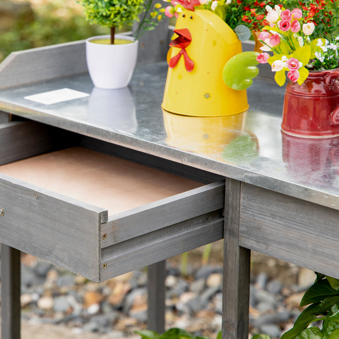 Wooden Garden Potting Table - Durable Galvanized Metal Top, Workstation with Drawer, Shelves & Hooks - Ideal for Courtyard and Balcony Gardening