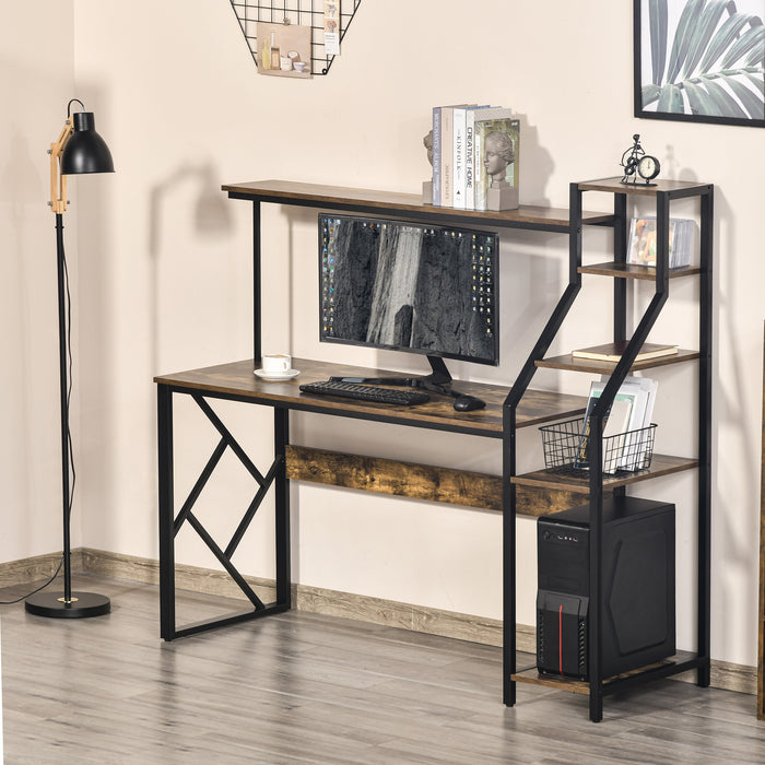 Industrial-Style Computer Desk - Home Office Study Table with 6-Tier Shelves and Rustic Brown Finish - Space-Saving Workstation for Small Areas