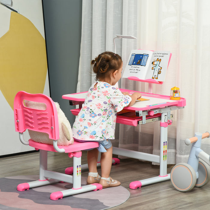 Height Adjustable Children's Study Desk with Chair - Ergonomic Design with USB Lamp and Storage Drawer - Ideal for Homework and Art Projects, Pink and White