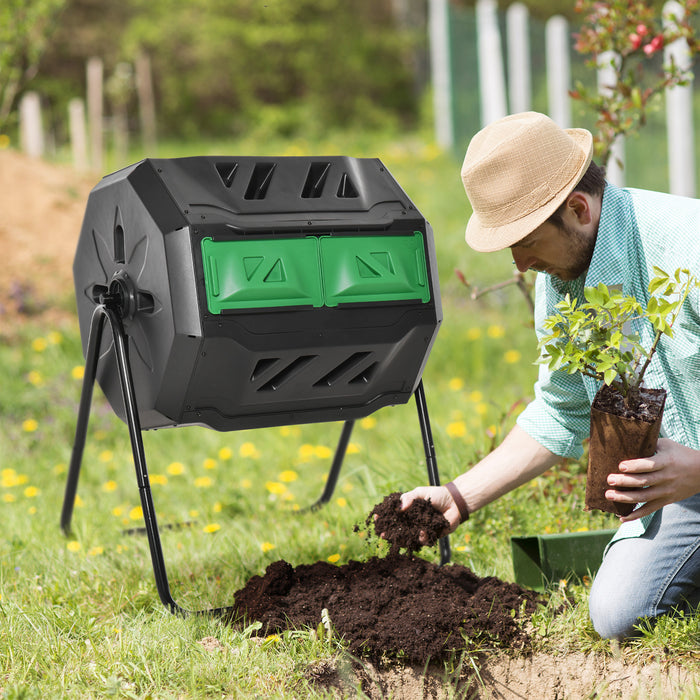 Dual Chamber Tumbling Compost Bin - 160L Capacity, 360° Rotation, Sliding Doors, Sturdy Steel Frame - Ideal for Outdoor Waste Composting