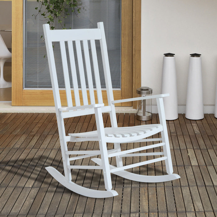 White Wooden Porch Rocking Chair - Cozy Armchair Patio Rocker for Outdoor Deck & Garden - Relaxing Furniture for Balcony Spaces