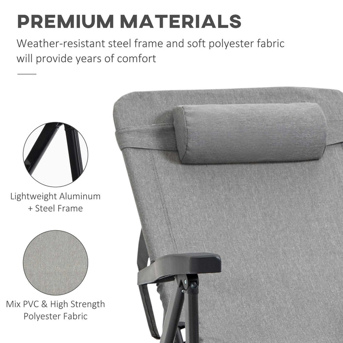 Mesh Fabric Chaise Lounge Chair with 7 Reclining Positions - Folding Sun Lounger with Pillow & Cup Holder, Light Grey - Ideal for Poolside Comfort and Relaxation