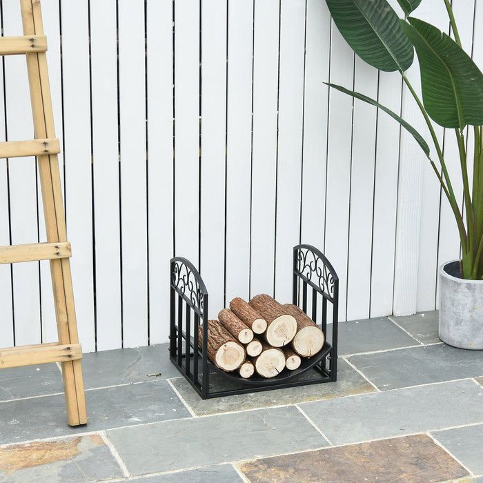 Elegant Wrought Iron Log Holder - Indoor/Outdoor Wood Storage Shelf with Arc Design and Scroll Details - Rust-Resistant Black Stacker for Fireplace Accessory Organization