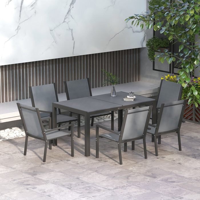 7-Piece Garden Dining Set - Wood-Plastic Composite Table, Stackable Chairs with Breathable Mesh Fabric - Ideal for Patio and Outdoor Entertaining