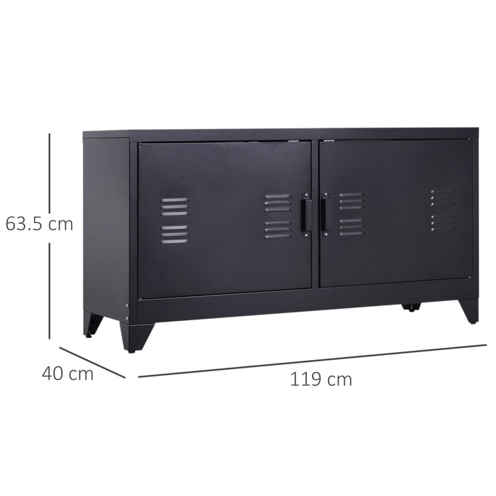 Industrial Media Console with Steel Shelf - TV Stand and Storage Center with Doors for DVDs and A/V Receivers - Sleek Black Design for Modern Homes