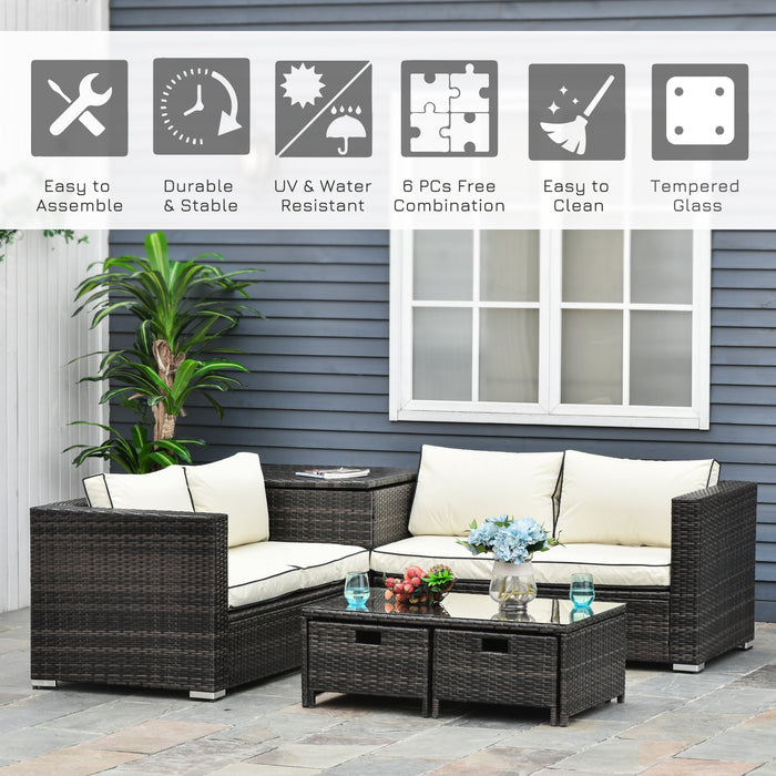 4-Seater Rattan Garden Furniture Set - Patio Corner Sofa with Storage & Coffee Table with 2 Drawers - Weather-Resilient Outdoor Seating for Family and Entertaining