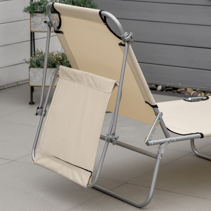 Folding Sun Lounger with Recline and Awning - Beach and Garden Patio Chair, Beige, Adjustable Comfort - Perfect for Outdoor Relaxation and Sunbathing