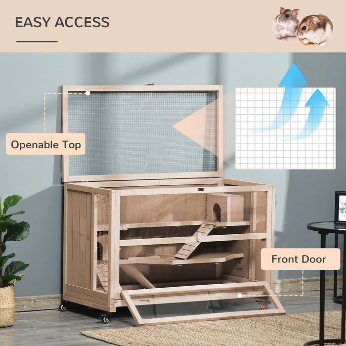 3-Tier Wooden Hamster Cage with Wheels - Exercise Play House for Mice & Small Rodents, Bottom Tray Included - Spacious Hutch for Pet Comfort, 99x50x69cm, Natural Wood Finish