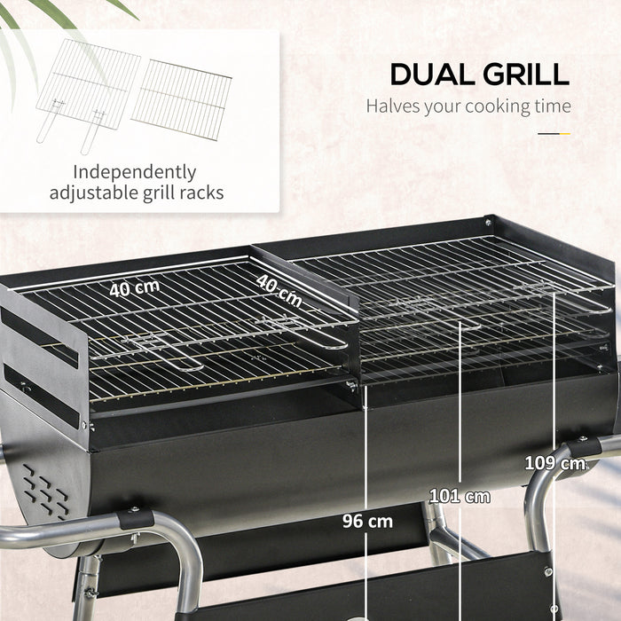 Charcoal BBQ Trolley with Double Grill and Height Adjustment - Outdoor Cooking Station with Side Table and Storage Shelf - Portable Garden Grill for Backyard Barbecues and Gatherings