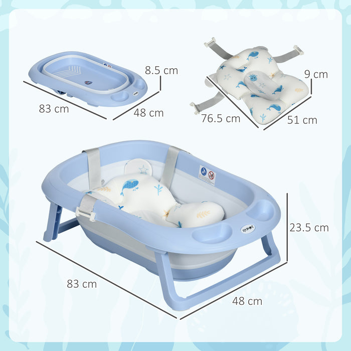 Foldable Baby Bath Tub with Safety Features - Non-Slip, Cushioned, Drain Plug, & Shower Holder - Ideal for Newborns to Toddlers up to 6 Years, Blue