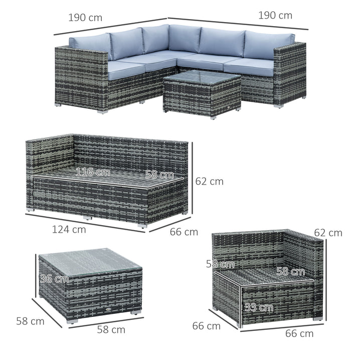 5-Seater Rattan Garden Lounge Set - Wicker Patio and Conservatory Dining Combo with Corner Sofa, Loveseat, and Coffee Table - Cozy Outdoor Seating with Grey Cushions for Families and Entertaining