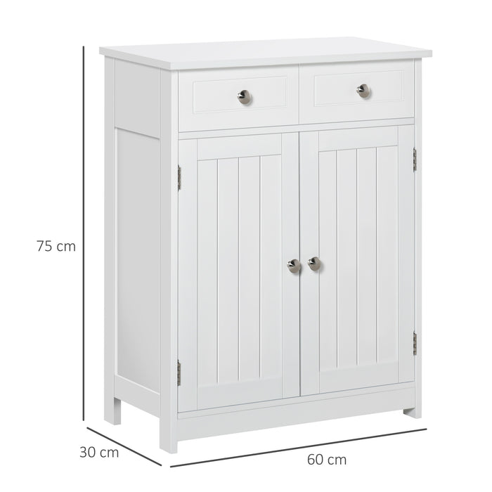 Free-Standing Bathroom Cabinet with Adjustable Shelf - 2-Drawer Storage Unit with Cupboard, Traditional Style, 75x60 cm, White - Ideal for Bathroom Organization and Space Optimization