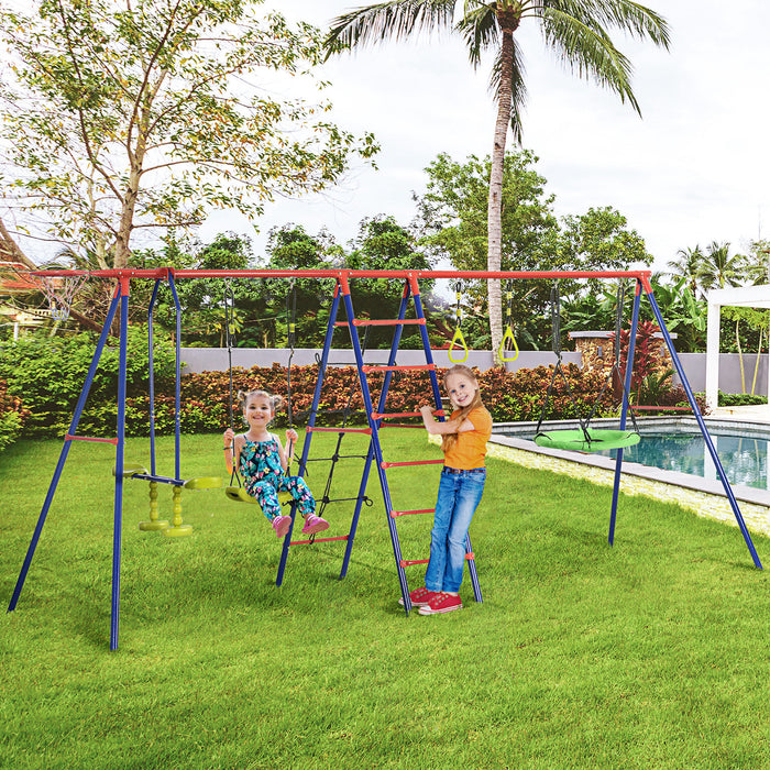 6-in-1 Outdoor Metal Garden Swing Set - Double Kids Swings, Climbing Frame, Glider, Trapeze, Basketball Hoop - Perfect Playset for Children's Backyard Entertainment