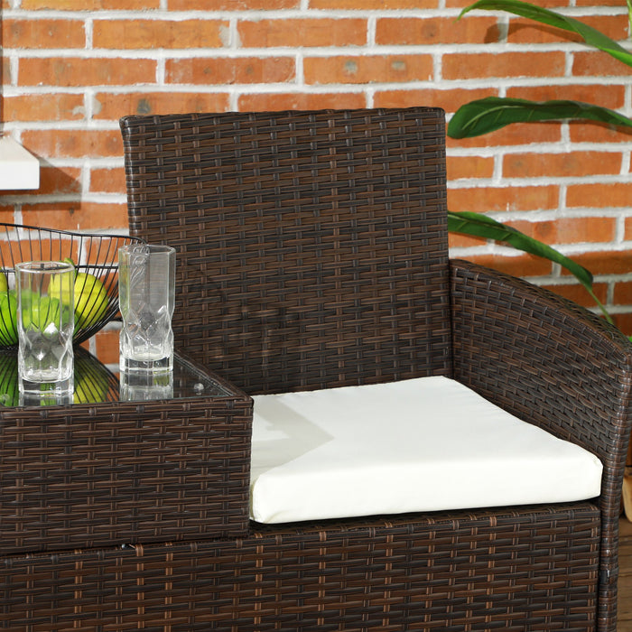 Rattan Double Seater Chair with Integrated Center Table - Stylish Brown Outdoor Furniture for Couples and Small Patios