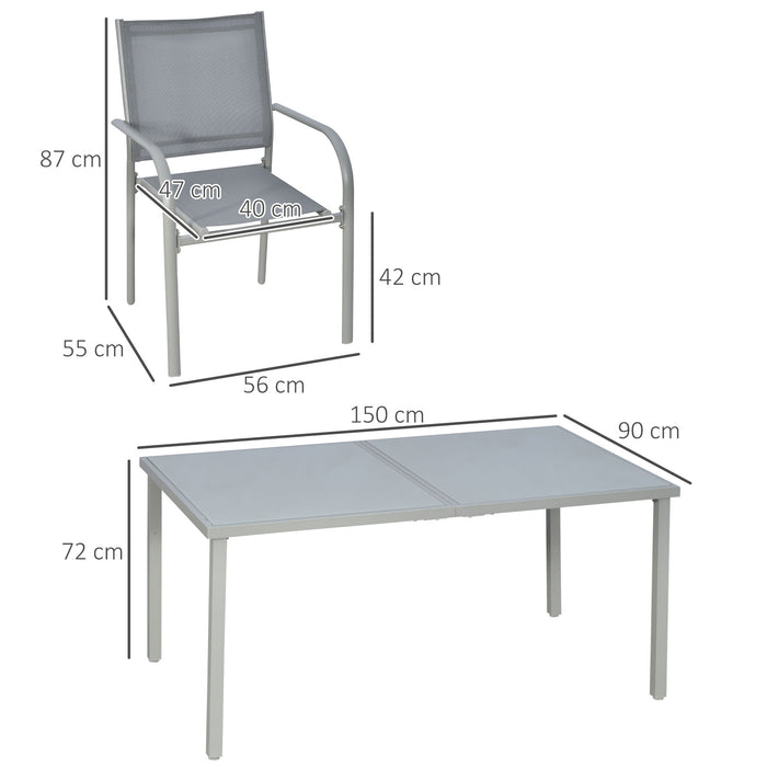 7 Piece Garden Dining Set - Steel-Framed Table with Tempered Glass & 6 Grey Mesh Stackable Chairs - Perfect for Patio & Outdoor Entertaining