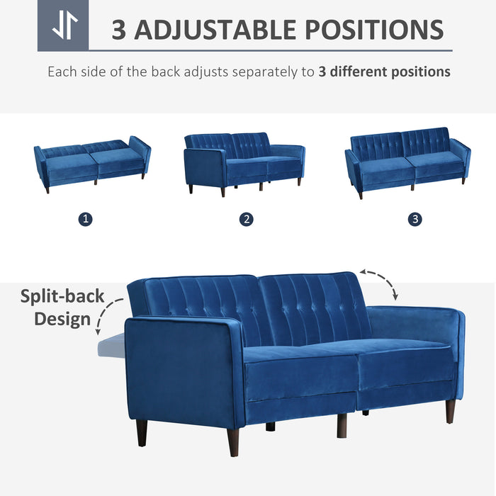 Convertible Velvet Sofa Futon - Tufted Loveseat with Adjustable Split Back Design - Stylish Compact Couch for Small Living Spaces, Blue