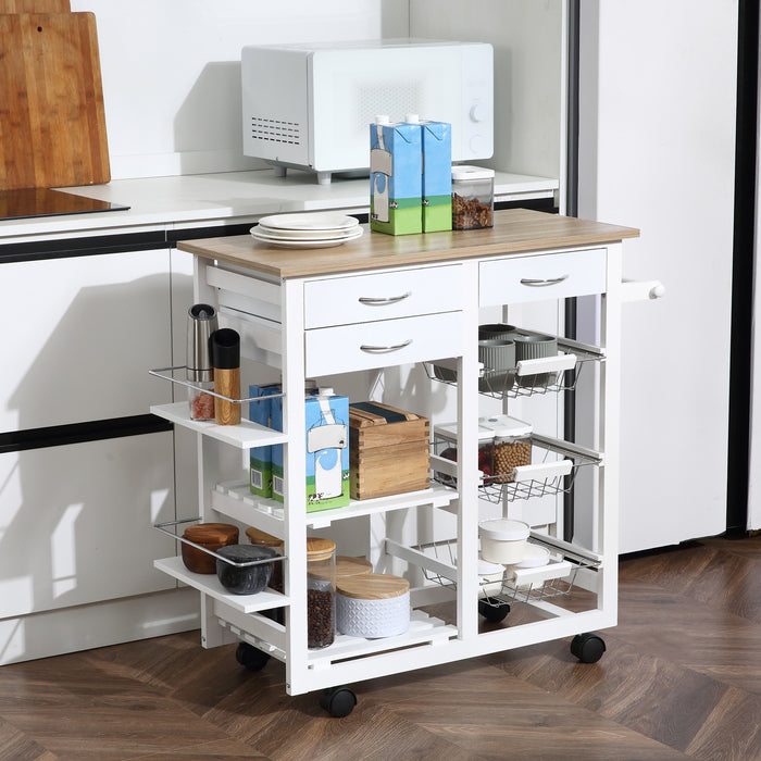 Kitchen Island Trolley Cart with Wheels - Spice Racks, Towel Holder, Baskets, and Storage Drawers - Versatile Organizer for Dining and Living Spaces